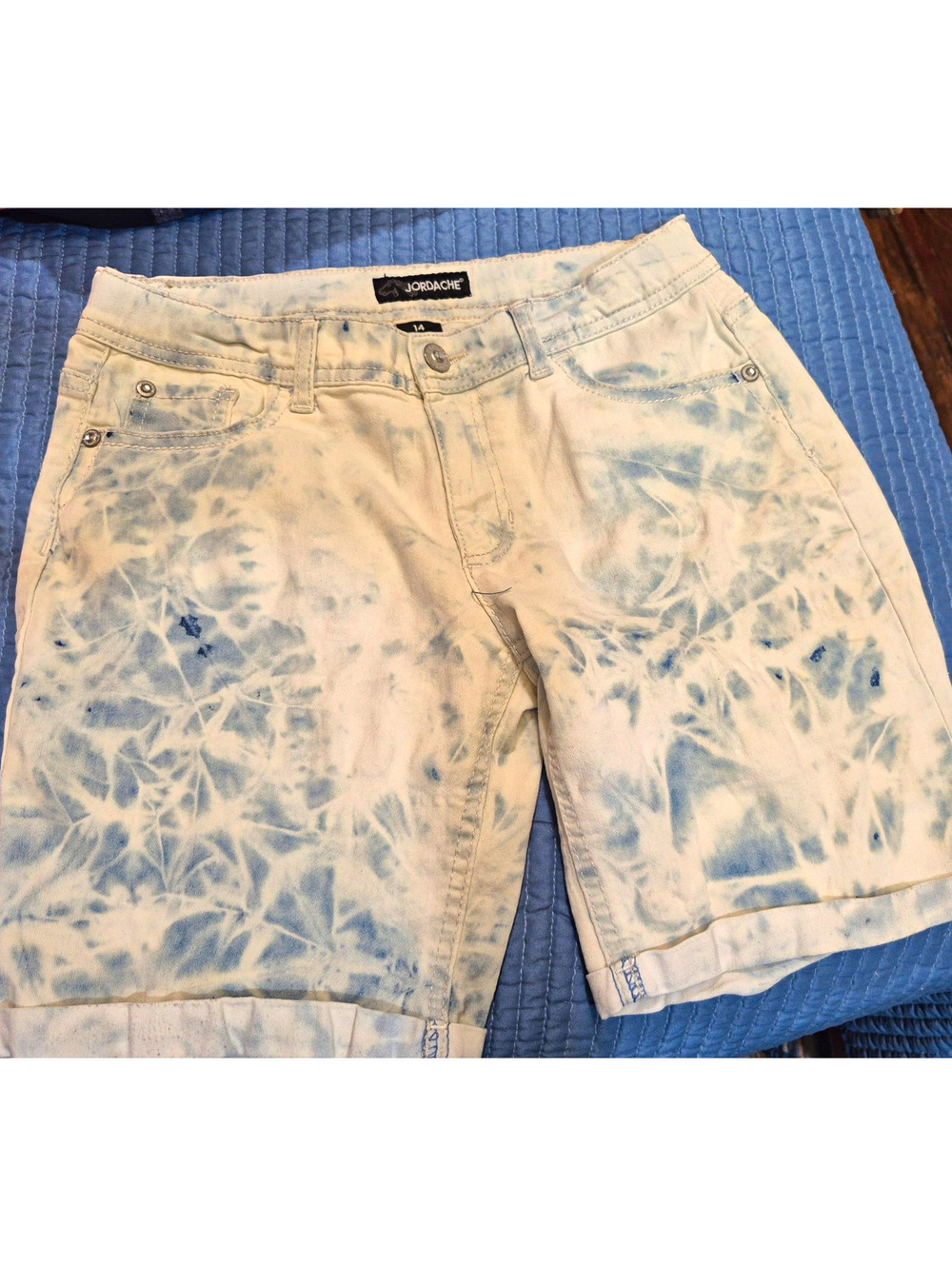 Jordache Girls Sz 14 TieDye Denim Bermuda Shorts White/Blue